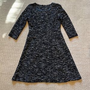 Talbots 4P Dress in black tweed. Leather collar and pocket details.